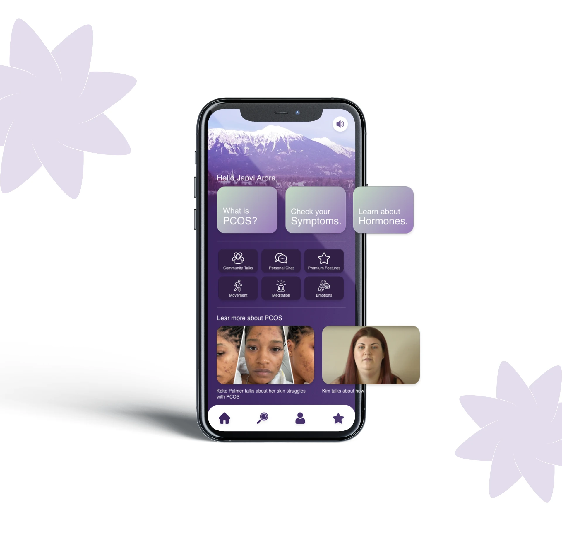 iPhone mockup showing the Bloom home screen with modules for PCOS education, community, movement and meditation