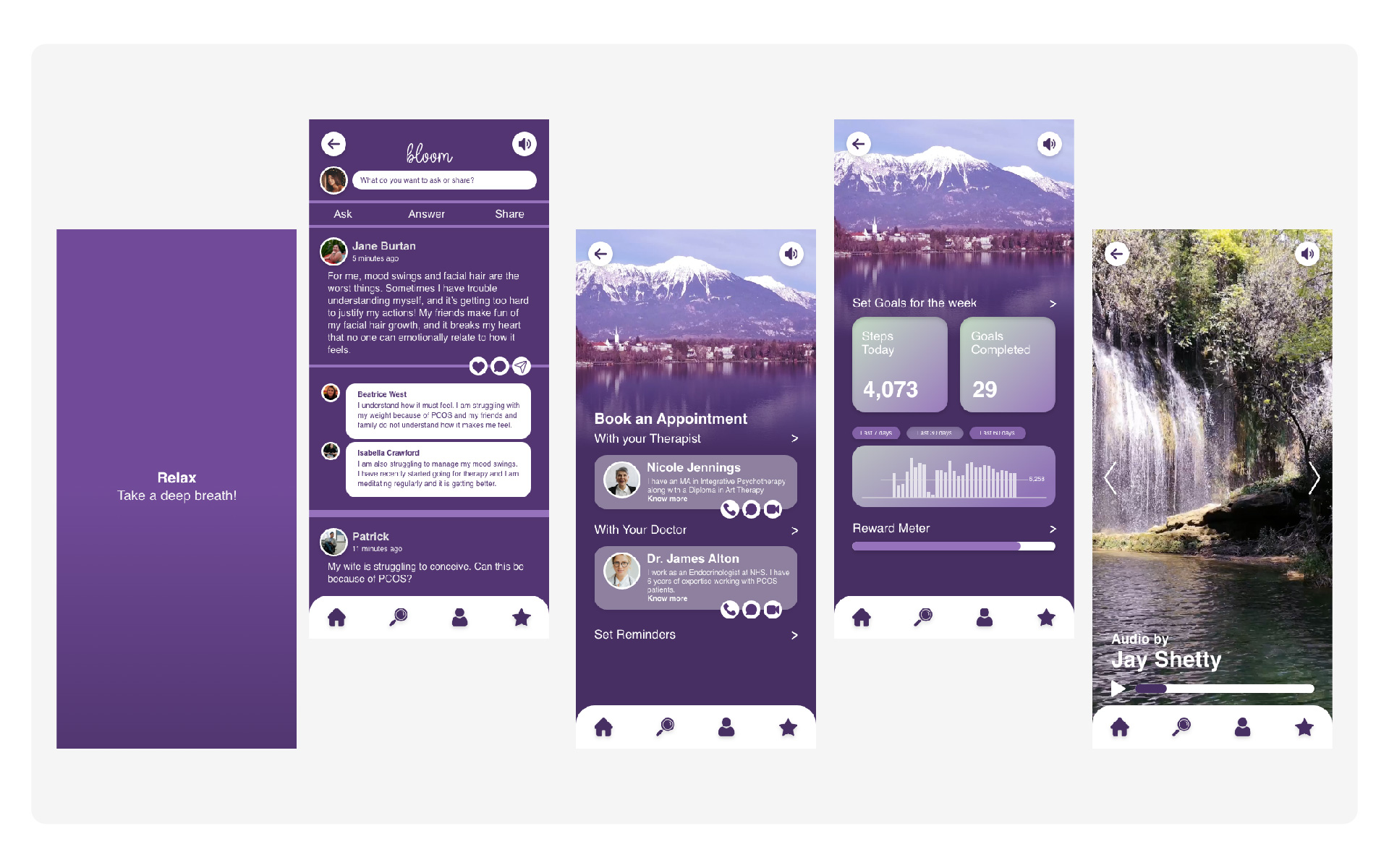 High fidelity wireframes showing the community feed, appointments, tracking dashboard and meditation screens