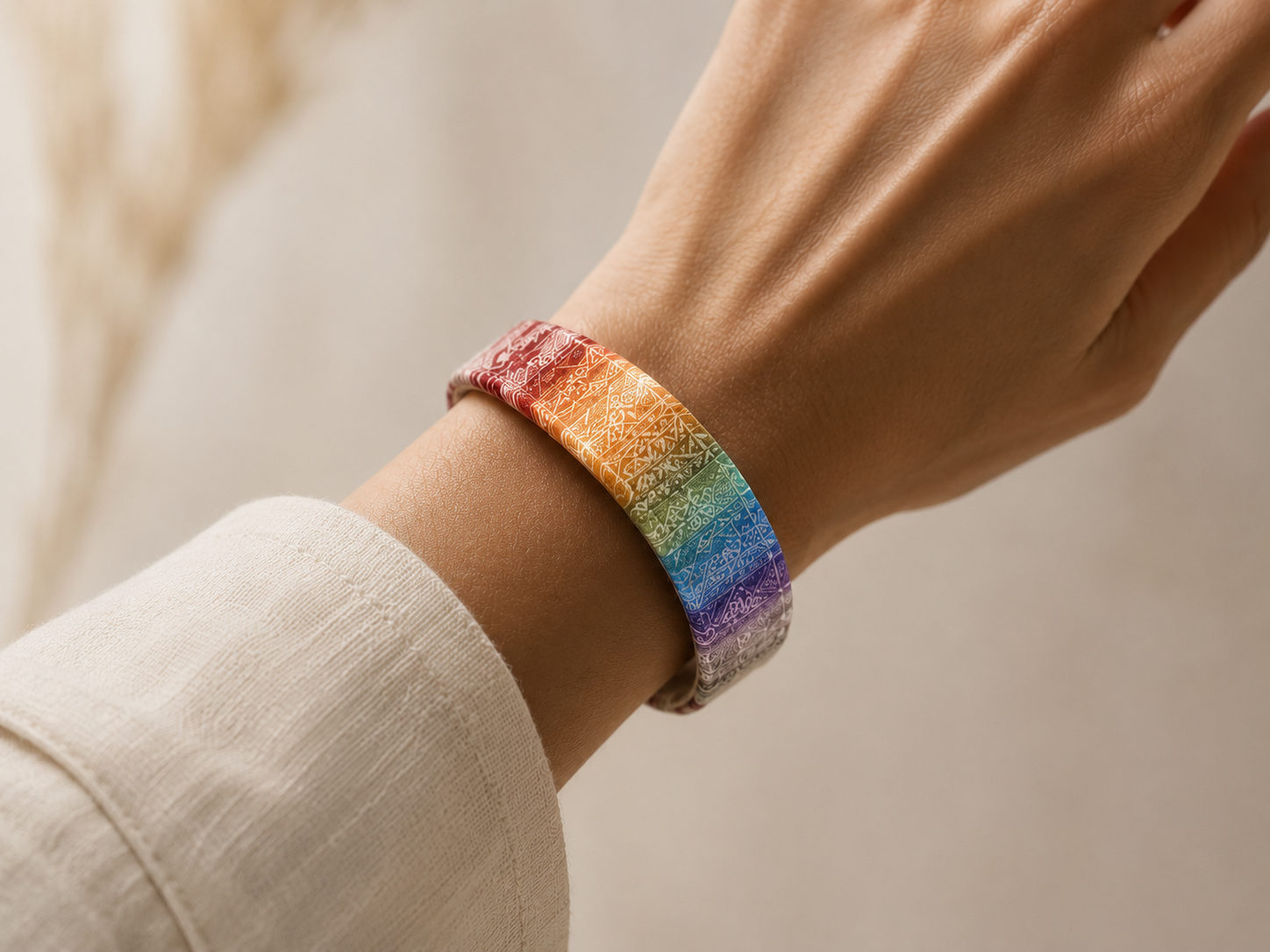 Wristband worn on a wrist showing a rainbow gradient with fine white Rogan-inspired motifs