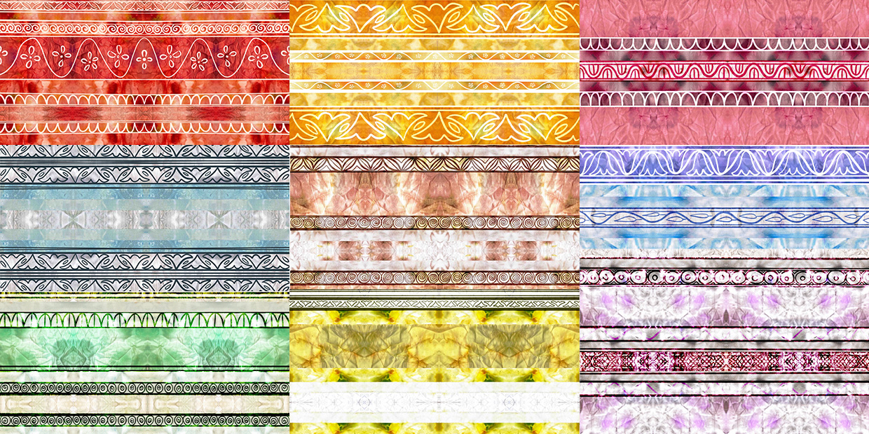 Grid of printed textile patterns across nine emotional colour families