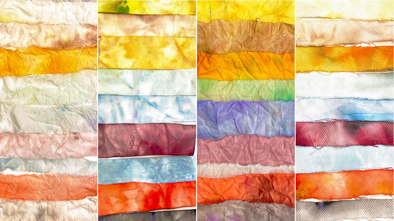Four fabric swatch columns dyed in the same bath, each absorbing colour differently